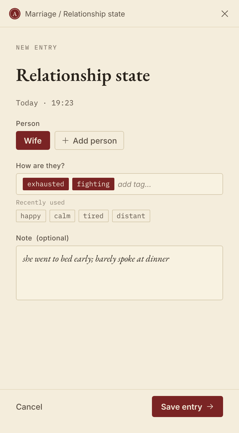 Capture form on a phone: New entry under Relationship state — Person: Wife, tags exhausted and fighting, note 'she went to bed early; barely spoke at dinner'.